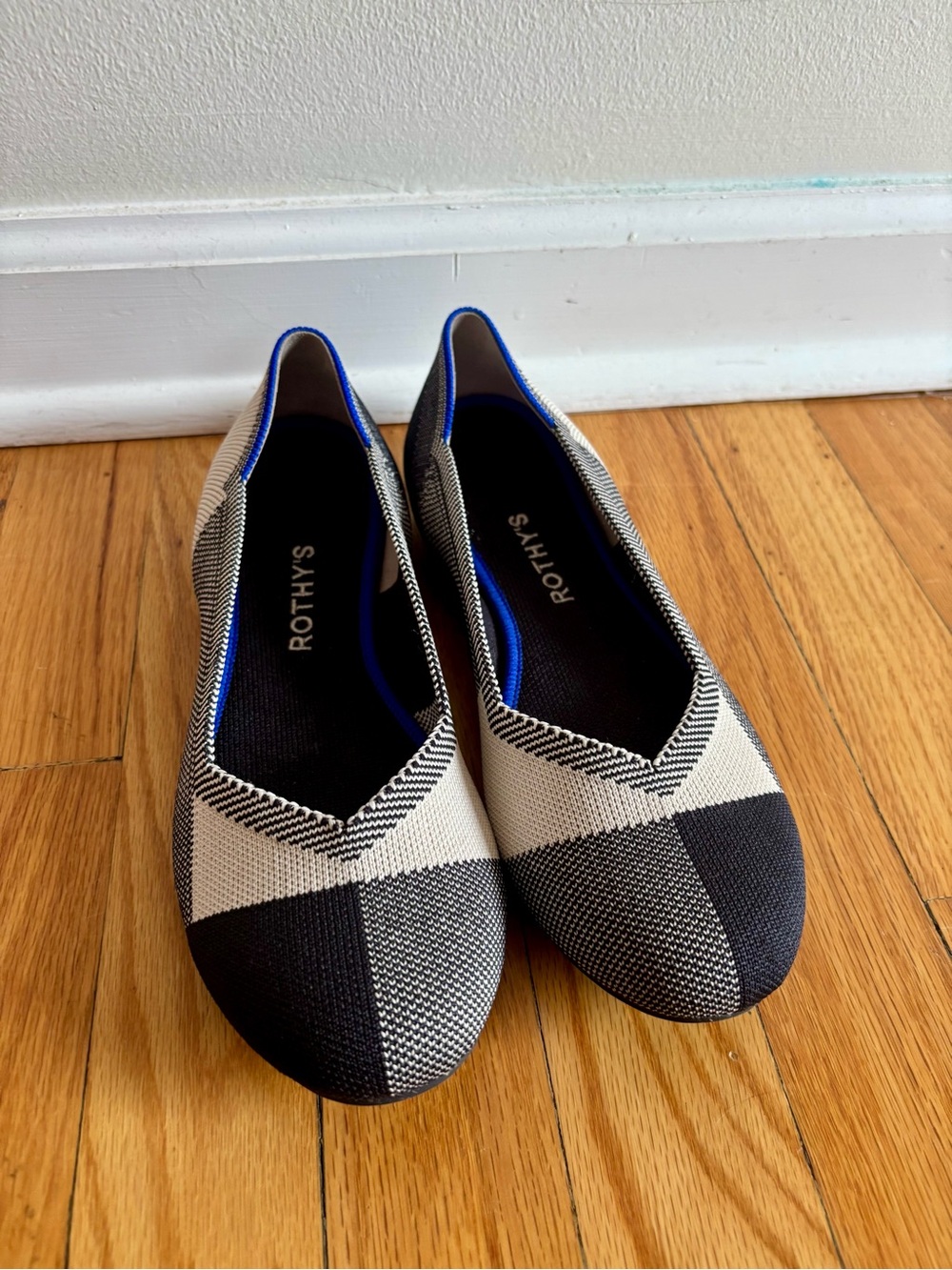 Rothy's The Flat Cap-Toe Ballet Shoes - Black & Cream Plaid - Women’s 8.5